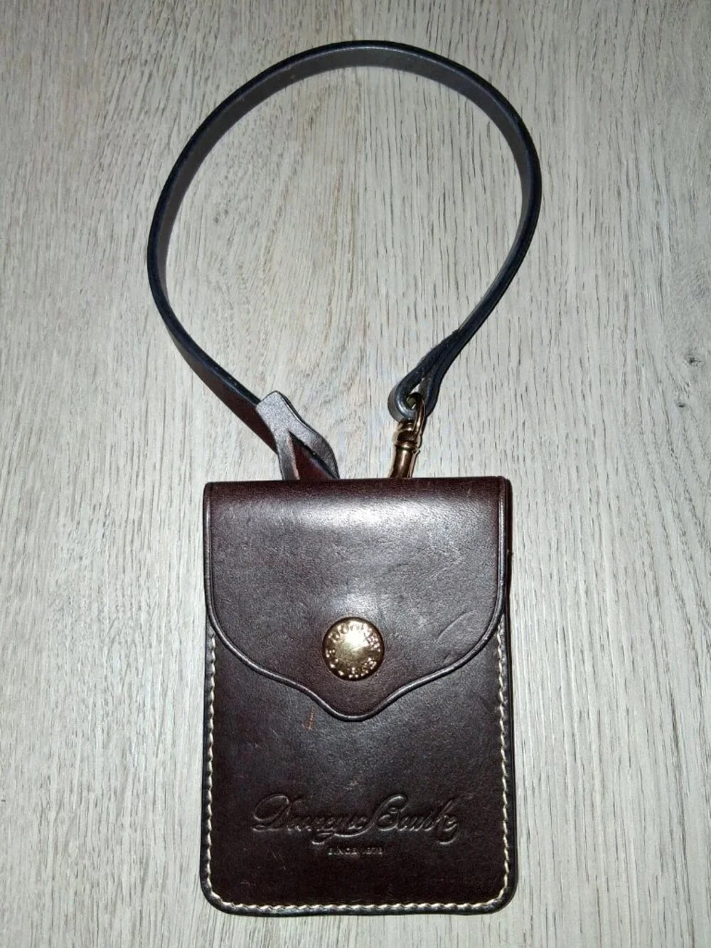 Dooney & Bourke Dark Brown Leather ? Card Holder Keychain Clip Luggage Tag